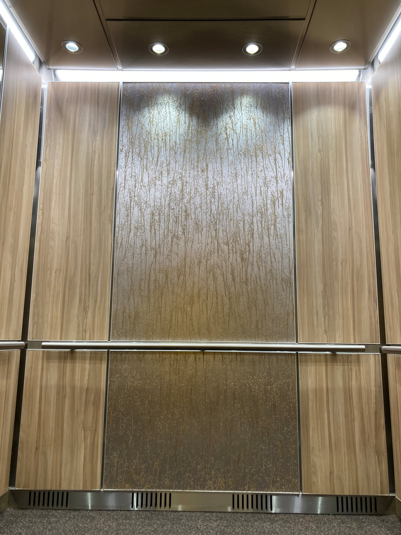 Lyft Surfaces, elevator interior,  elevator interior, light weight, custom, Calgary, Edmonton, Alberta, elevator design, wall panel, floor, ceiling, handrails, photo, image